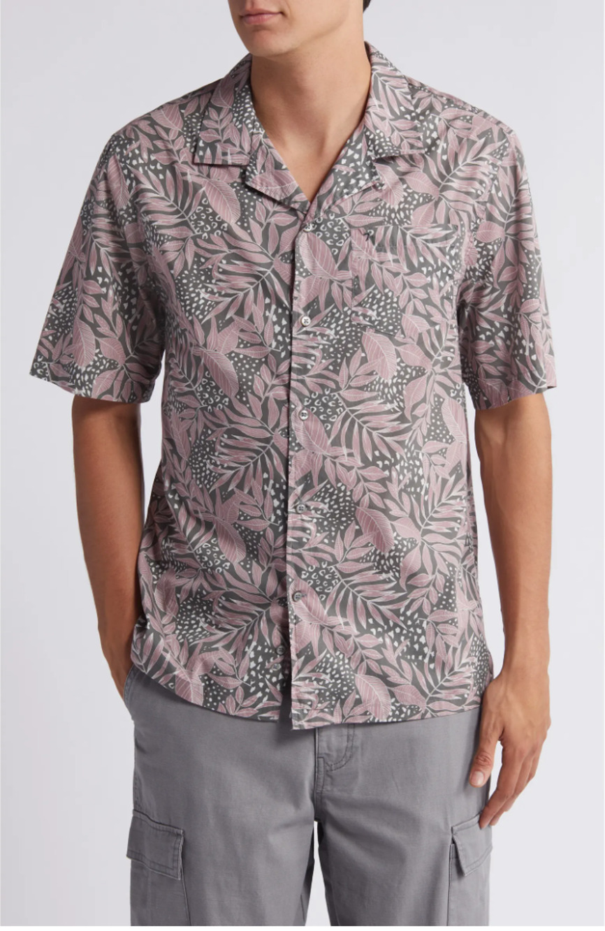 7 For All Mankind Botanical Print Camp Shirt Mauve Short Sleeve Men's Button Up
